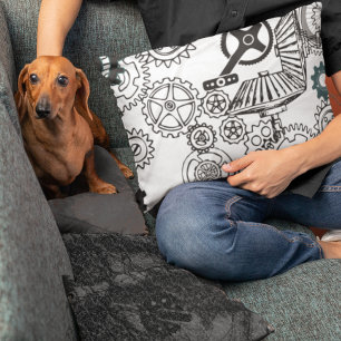 Blue Grey White Gears Steampunk Boys Decor Fleece Decorative Cushion
