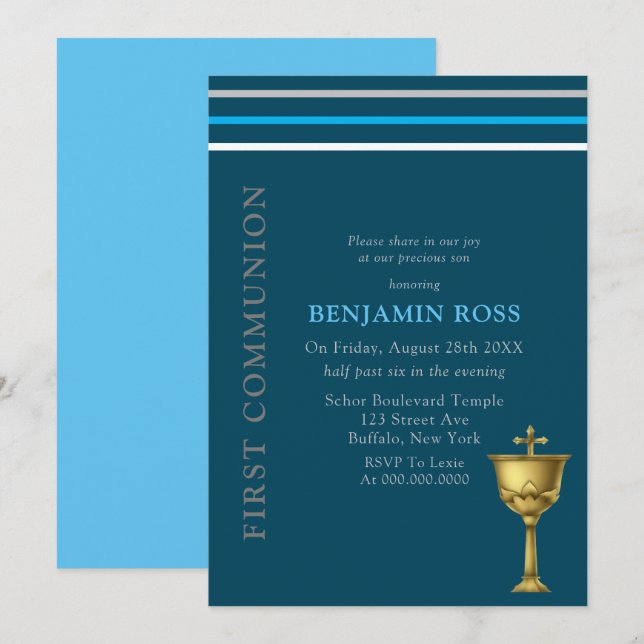 Blue Grey White Gold Chalice First Communion  Invitation (Front/Back)
