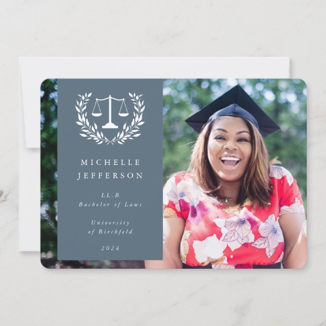 Blue-Grey + White Law Scales Laurel Wreath Photo Announcement (Front)