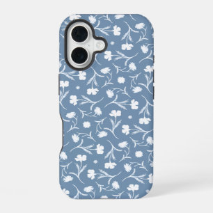 Blue Grey White Liberty Floral Pattern Elegant Pop iPhone 16 Case