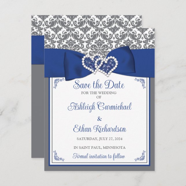 Blue, Grey, White Love Hearts Photo Save the Date (Front/Back)