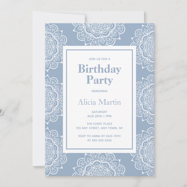 Blue Grey & White Mandala Flower Birthday Party Invitation (Front)