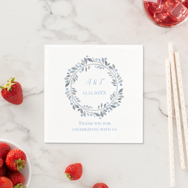 Blue Grey White Monogram Floral Wedding  Napkin (Insitu)