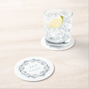 Blue Grey White Monogram Floral Wedding Round Paper Coaster
