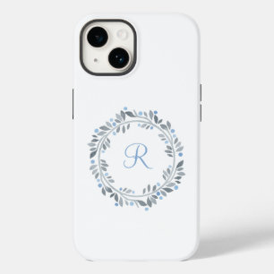 Blue Grey White Monogram Floral Wreath  Case-Mate iPhone 14 Case