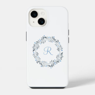 Blue Grey White Monogram Floral Wreath iPhone 14 Case