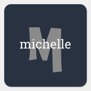 Blue Grey White Monogram with Name Stickers