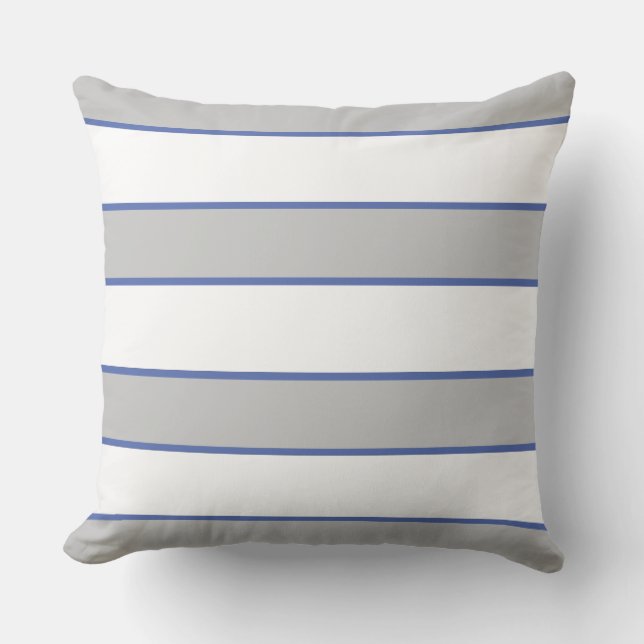 Blue Grey White Nautical Elegant Modern Stripes Cushion (Front)