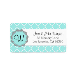 Blue Grey White Quatrefoil Modern Monogram Label 3