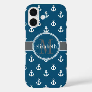 Blue Grey White Ship Anchors Monogram iPhone 16 Case