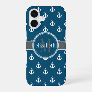 Blue Grey White Ship Anchors Monogram iPhone 16 Case