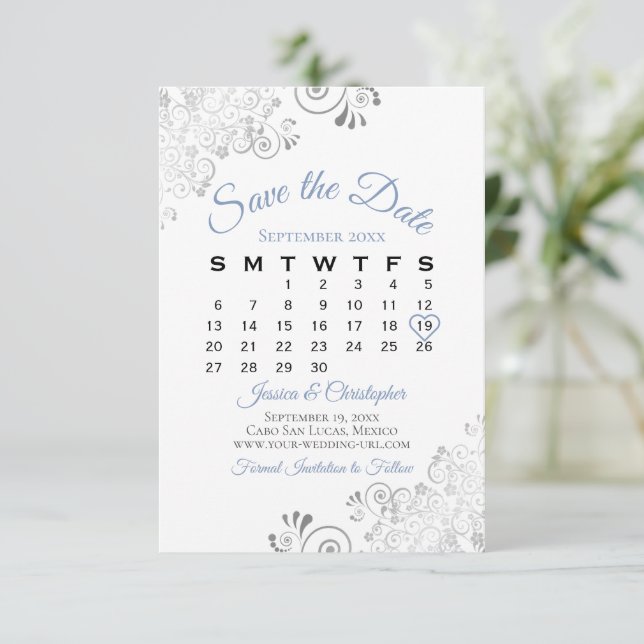 Blue Grey & White Simple Elegant Wedding Calendar Save The Date (Standing Front)