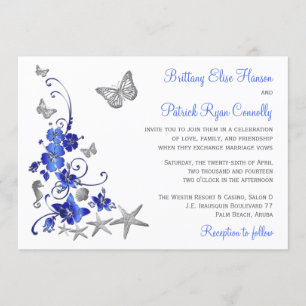 Blue, Grey, White Tropical Beach Wedding Invite
