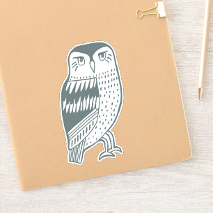 Blue Grey Wise Owl Line Drawing Art