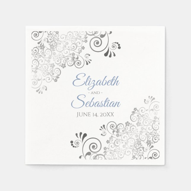 Blue & Grey with Silver Frills Elegant Wedding Napkin (Front)