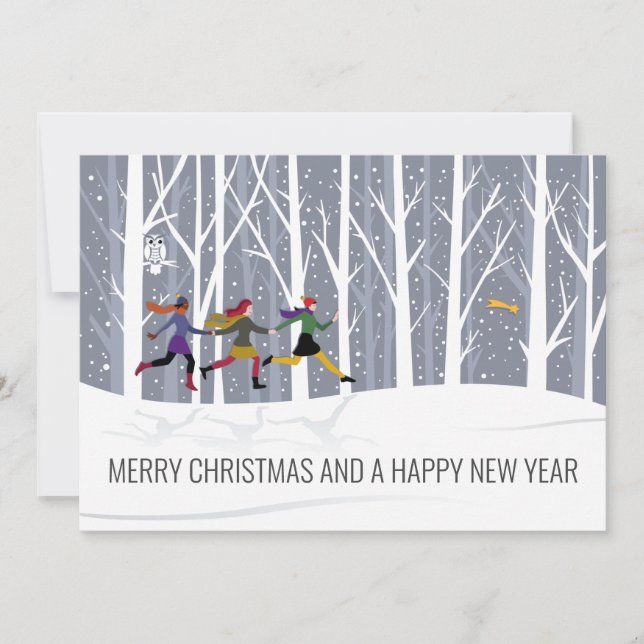 Blue Grey Wood Forest Winter Snowfall Christmas Ho Holiday Card (Front)