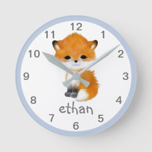 Blue Grey Woodland Animal Fox Nursery Wall Clock