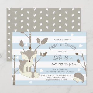 Blue Grey Woodland Fox Hedgehog Baby Shower Card
