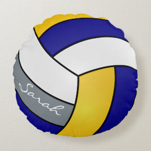 Blue, Grey, Yellow and White Volleyball DIY Name Round Cushion