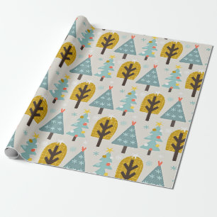 Blue Grey Yellow Christmas Tree Pattern Wrapping Paper