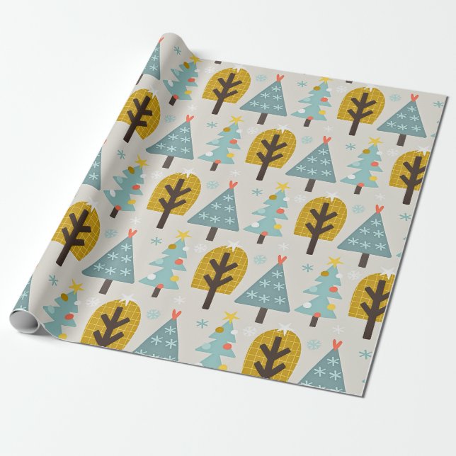 Blue Grey Yellow Christmas Tree Pattern Wrapping Paper (Unrolled)
