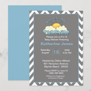 Blue Grey  You Are My Sunshine Baby Shower   Invitation