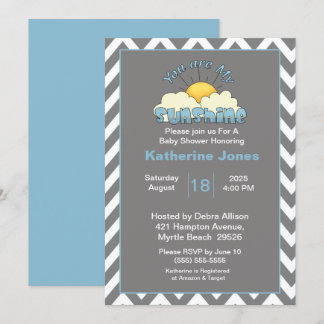 Blue Grey You Are My Sunshine Baby Shower Invitation
