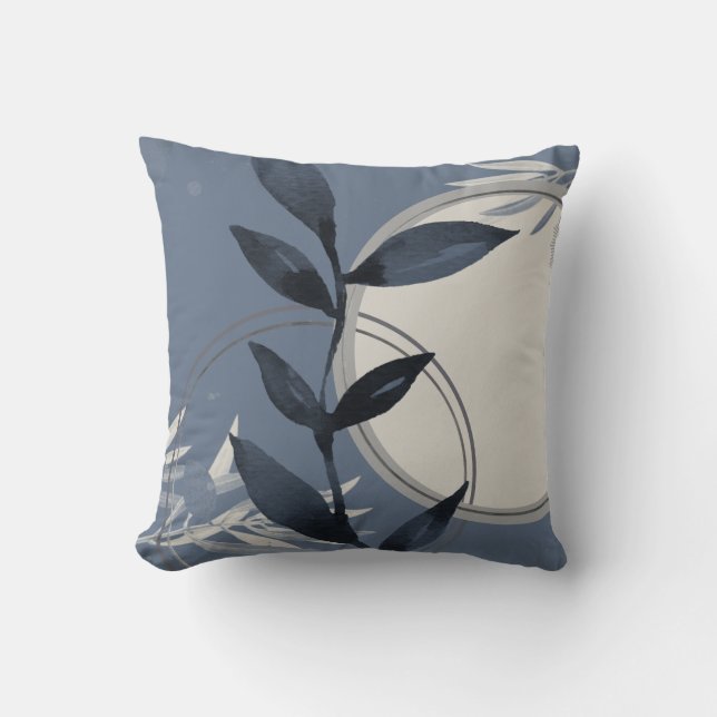 Blue & Grey Zen Watercolor Leaves Cushion (Front)