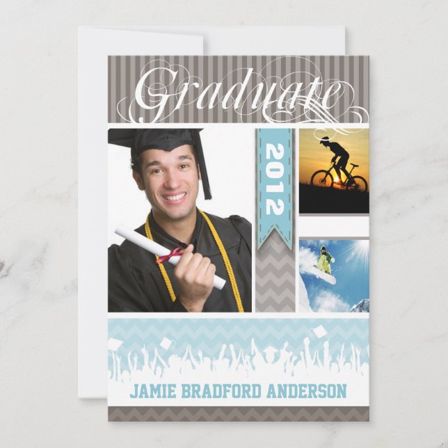 Blue & Grey Zig Zag Senior 3 Pictures Class of Announcement (Front)