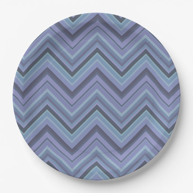 Blue-grey zigzag stripes paper plate (Front)