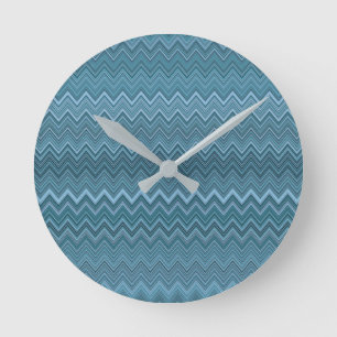 Blue Grey Zigzag Wavy Pattern Round Clock