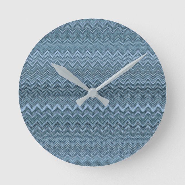Blue Grey Zigzag Wavy Pattern Round Clock (Front)