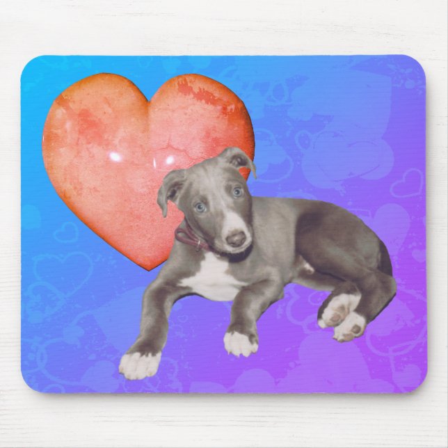 Blue Greyhound Puppy Pink Heart  Mouse Mat (Front)