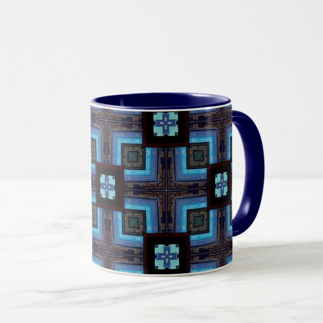 Blue Grid Tech-Inspired Mug w/ Deep Navy Interior (Front Right)