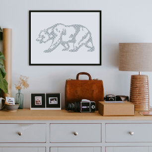 Blue Grizzly Bear Animal Line Art Print Poster