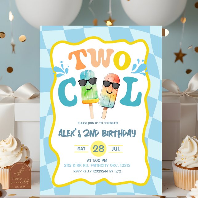 Blue Groovy Two Cool Popsicle Boy Birthday Invitation (Creator Uploaded)