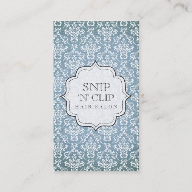 Blue Grunge Antique Damask Hair Stylist Fashion Appointment Card (Front)