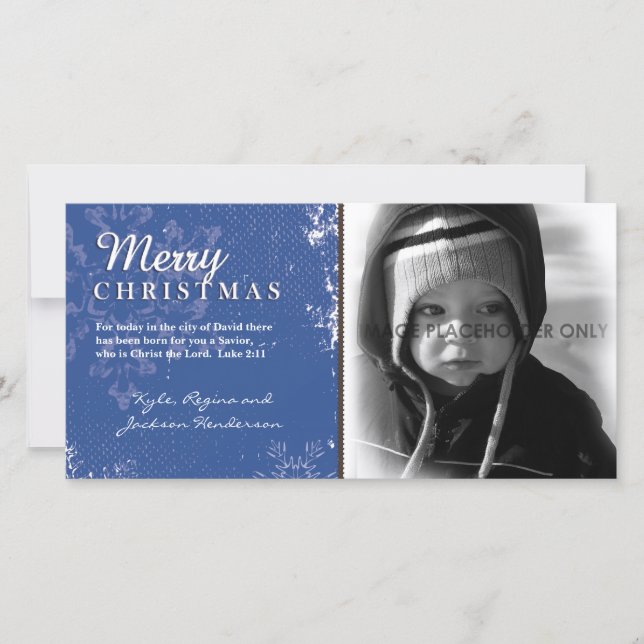 Blue Grunge Christmas Photo Card (Front)