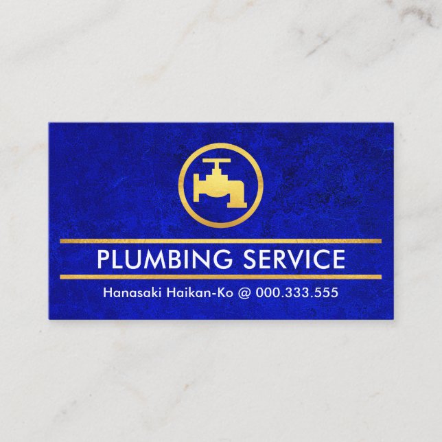 Blue Grunge Gold Faucet Plumber Business Card (Front)