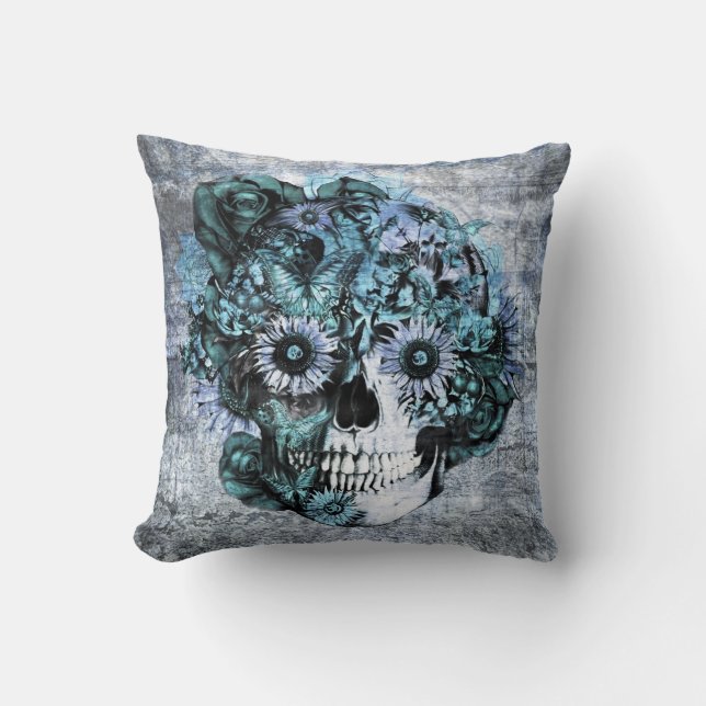 Blue grunge ohm sunflower skull cushion (Front)