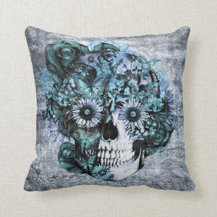 Blue grunge ohm sunflower skull cushion