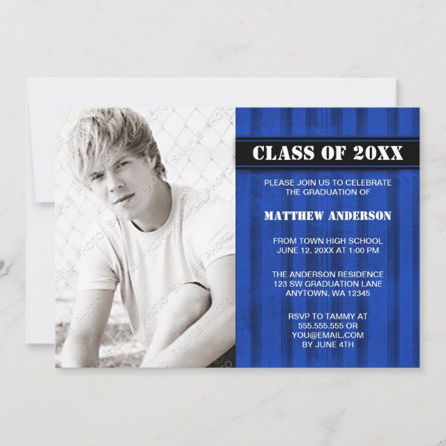 Blue Grunge Stripe Photo Graduation Announcement (Front)