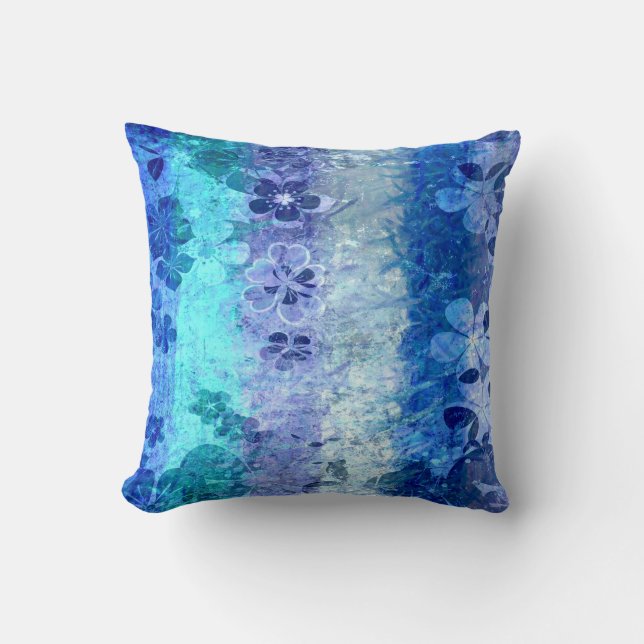 Blue grunge vintage floral pattern cushion (Front)