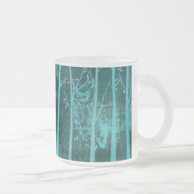 Blue Grunge Woodland Owl Art Frosted Glass Coffee Mug (Right)