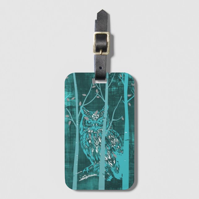 Blue Grunge Woodland Owl Art Luggage Tag (Front Vertical)