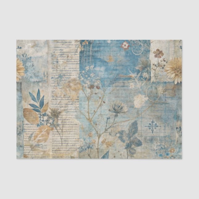 Blue Grungy Distressed Floral Ephemera Collage Tissue Paper (Front)