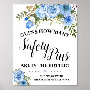 Blue Guess how many Safety Pins shower game sign