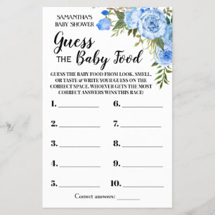 Blue Guess the Baby food shower game card