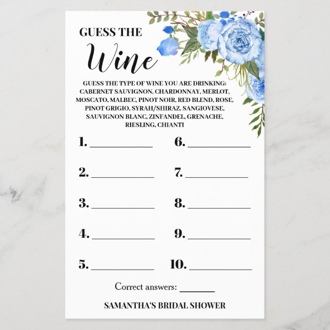 Blue Guess the Wine Couples Shower Game Card (Front)