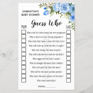 Blue Guess who baby shower bilingual game card